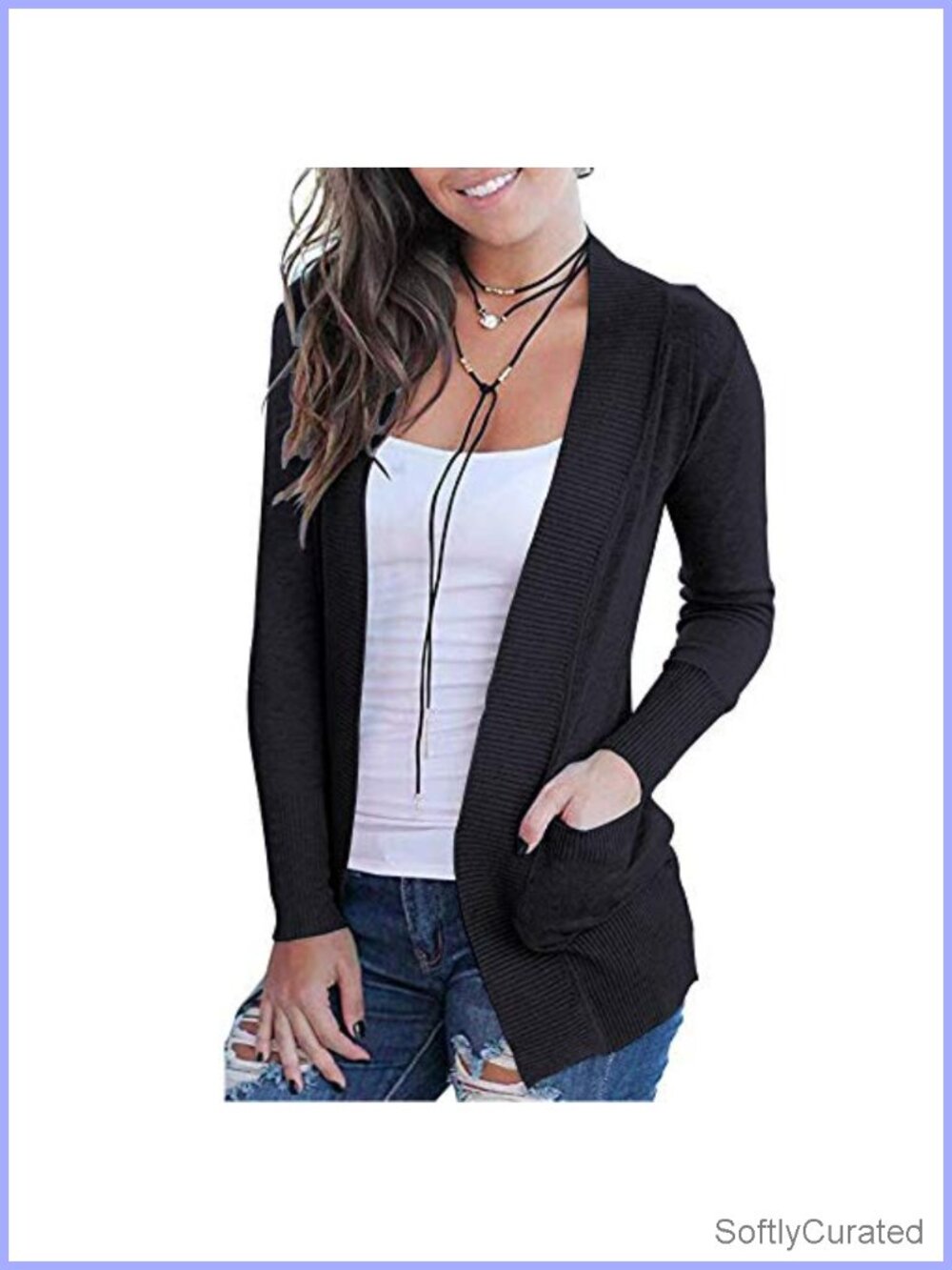 Womens Open Front Long Sleeve Cardigan with Pockets